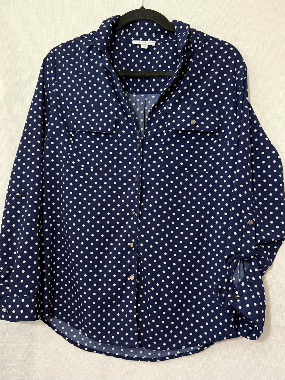 Notations Navy and White Polka Dot Button-Down Blouse